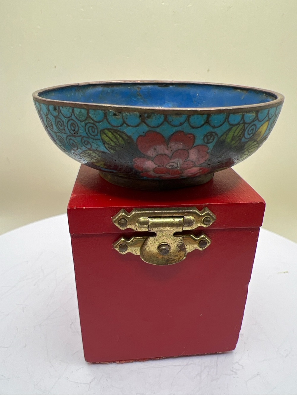 Early 20th C Chinese Cloisonné Enamel Miniature Bowl Turquoise Floral Antique